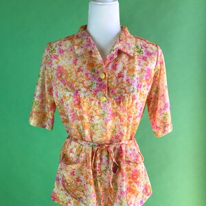 Vintage 70s Pink and Orange Floral Blouse with Waist Tie - Size M/L | Vintage 70s Loose Floral Shirt | 70s Hippie Grannycore Cottagecore
