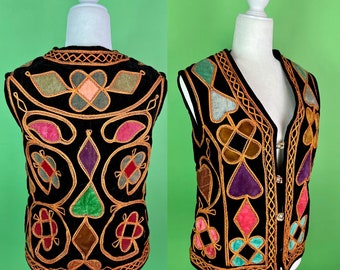 Vintage 60s Afghan Vest - Size S/M | Vintage 60s Velvet Hippie Vest | Vintage Uzbek Embroidered Waistcoat | Jimmi Hendrix Style