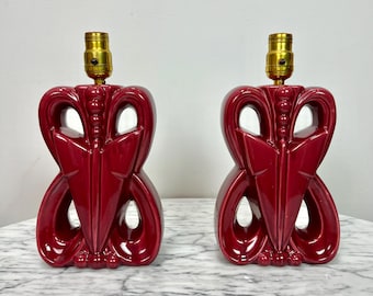 Vintage Art Deco Mid Century Burgundy Ceramic Butterfly Lamps Pair of 2