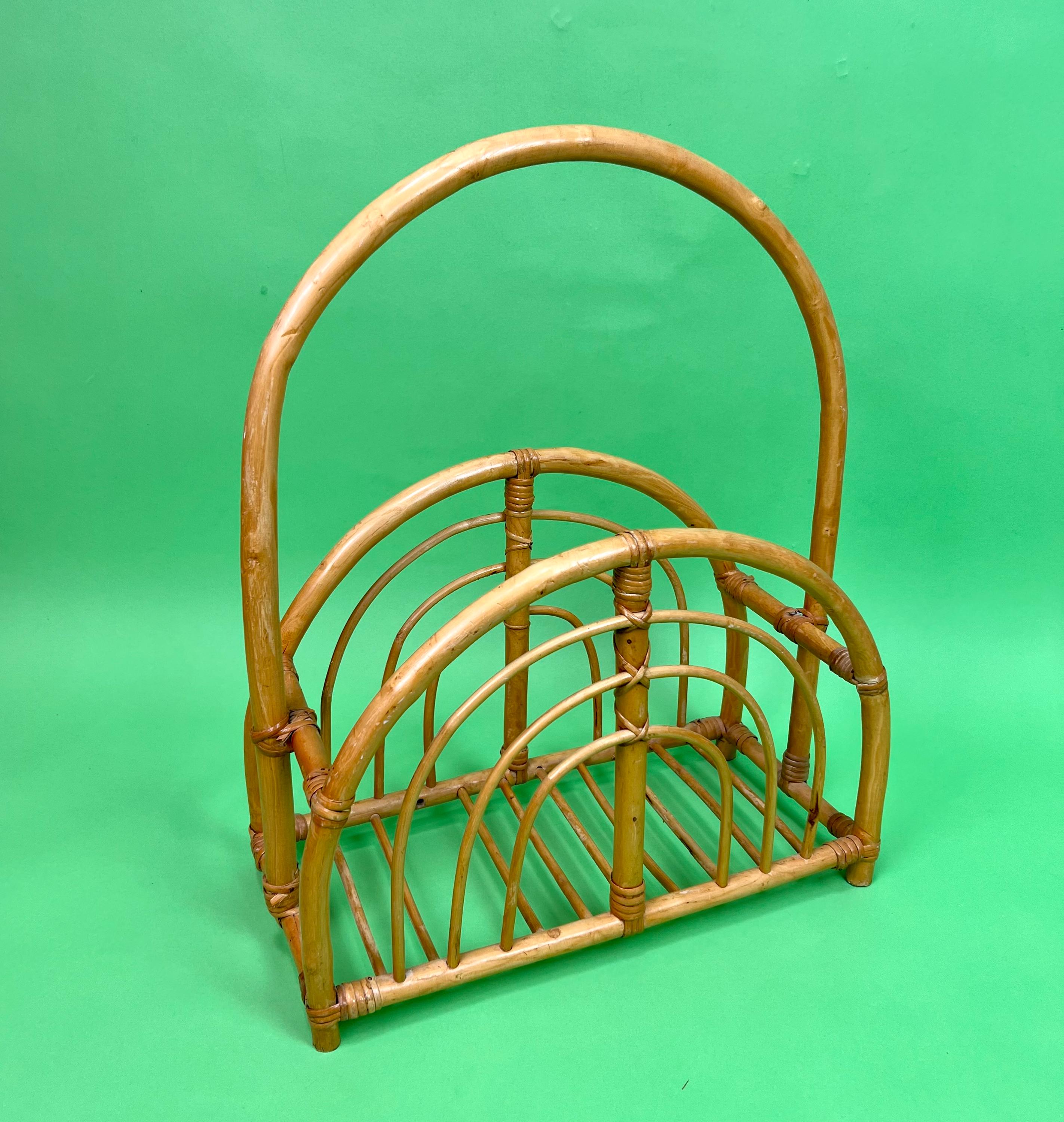 Porte-Revues Vintage Métal Et Bambou - Doré - Années 60/70 - Rangement Rétro