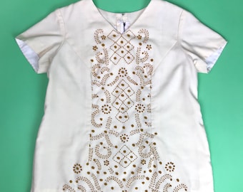 Top ricamato beige vintage, camicetta boho terrosa - taglia media