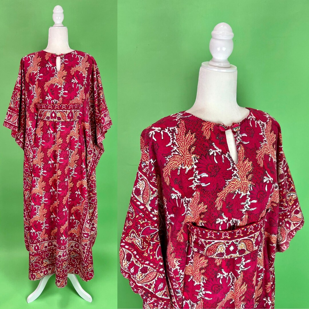 Vintage 70s Ramona Rull Red Floral Paisley Caftan Size S/M/L/XL Red ...