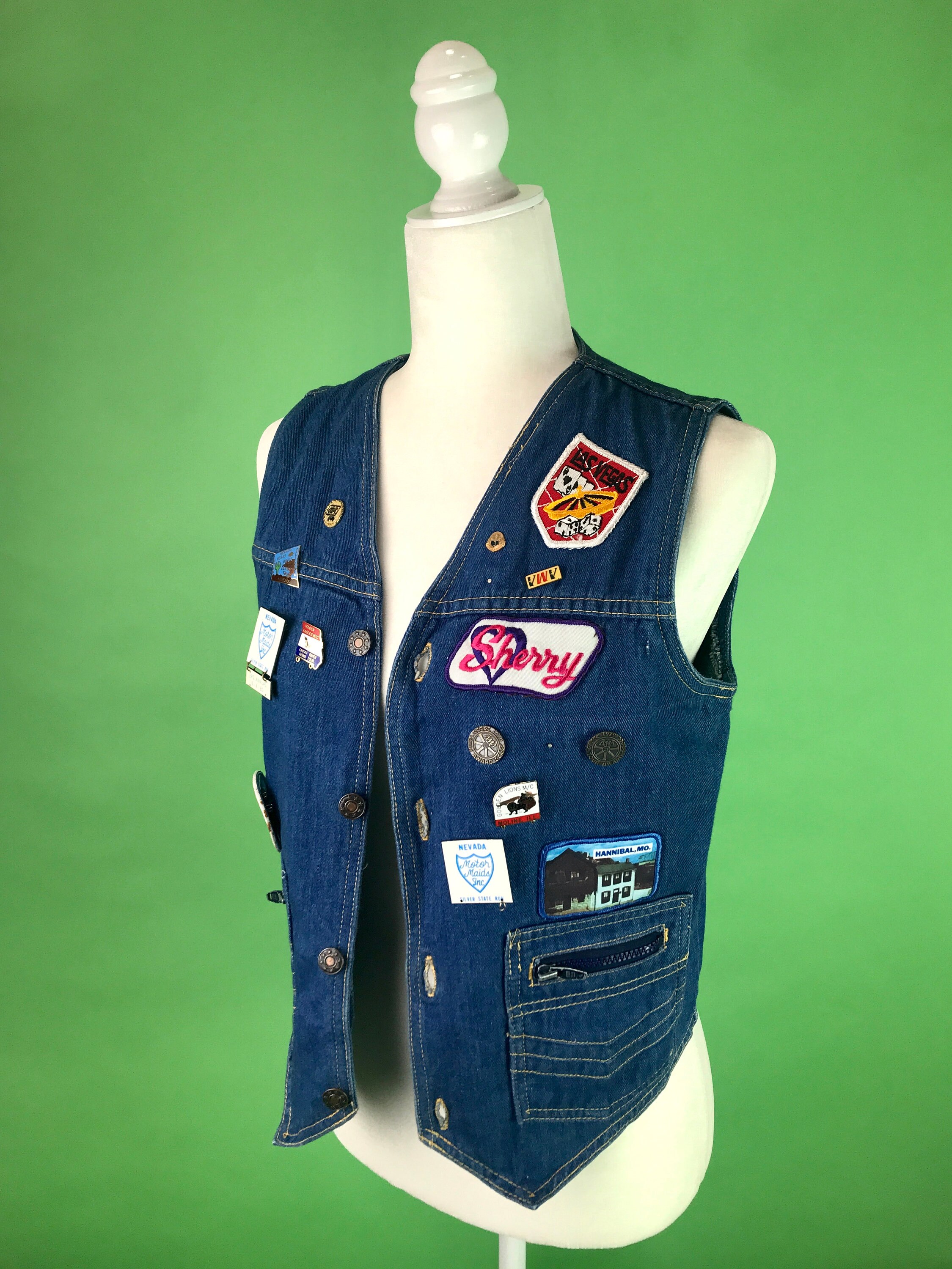 Vintage 70s/80s Denim Biker Vest With Motorcycle Pins and