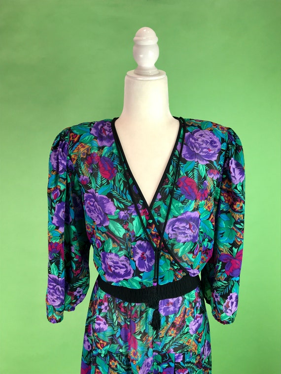 Vintage 80s Diane Freis Bold Dark Floral Pleated … - image 2