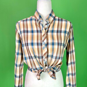 Vintage Brown and Blue Plaid Shirt - Size S/M | Vintage Fall Plaid Shirt | Vintage Fall Western Wear | Academia Aesthetic Twee Aesthetic