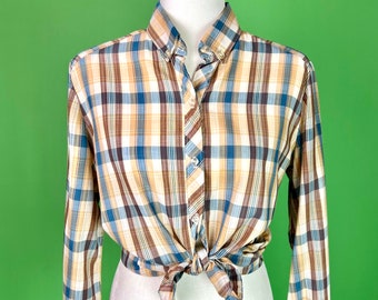 Vintage Brown & Blue Plaid Long Sleeve Shirt, Westernwear Top - Size S/M