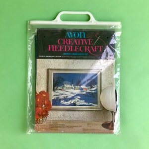 Vintage Crewel Kit - Country Snowscape 12&quot; x 16&quot; | Vintage 1970s Crewel Embroidery Kit | Avon Embroidery Kit | Winter Scene Embroidery Kit