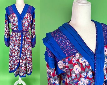 Vintage 80s Diane Freis Blue and Red Floral Georgette Dress - Size Medium | 80s Sheer Floral Dress | 80s Career Wear | 80s Teacher Dress