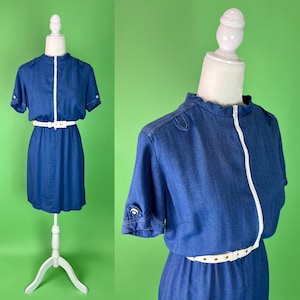 Vintage 70s Mod Chambray Zip-up Dress - Size Small | Vintage Mod Scooter Dress Go Go Dress | Vintage Nautical Style Dress | 70s Workwear