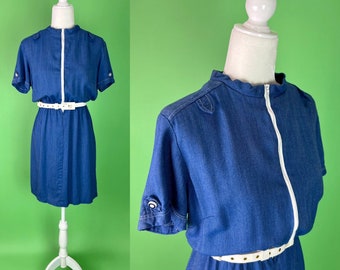 Vintage 70s Mod Chambray Zip-up Dress - Size Small | Vintage Mod Scooter Dress Go Go Dress | Vintage Nautical Style Dress | 70s Workwear