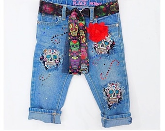 Calavera de azúcar Niñas bebé niño pequeño niño adolescente adulto Halloween adornado jeans desgastados