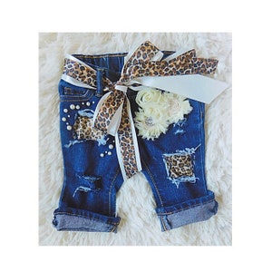 Girls Leopard Custom Distressed and Embellished Jeans for Baby and Kids