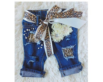 Jeans desgastados y adornados personalizados de leopardo para niñas para bebés y niños