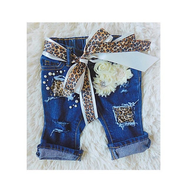 Girls Leopard Custom Distressed and Embellished Jeans for Baby and Kids 