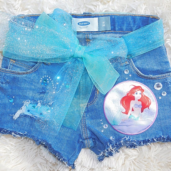 Ariel jeans shorts girls disney shorts jean shorts with the little mermaid denim shorts for baby girl toddler disney theme birthday outfit