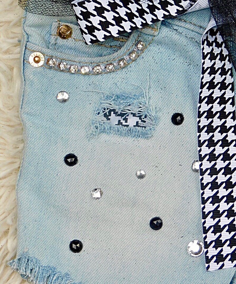 Houndstooth jeans Girls cut off jeans shorts for toddlers distressed denim with patches kids embellished denim shorts baby girl jean shorts