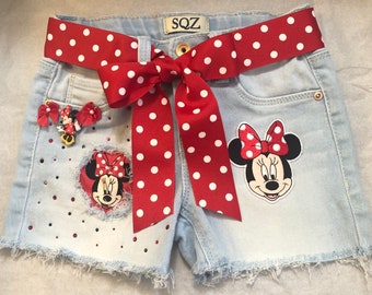 Ropa de Minnie Mouse en Rojo para niñas, pantalones cortos de jean de Minnie para bebés y niños pequeños, pantalones cortos de Disney para niños, ropa de Minnie Mouse