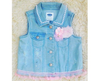 Girls jean vest Embellished denim jacket Jean Vest for baby girl jean jacket with bling embellishment toddlet denim vest for baby jean vest