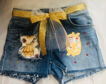 Belle Girls disney ropa para niñas pequeñas pantalones cortos de disney belle denim shorts disney jeans para niña belle outfit