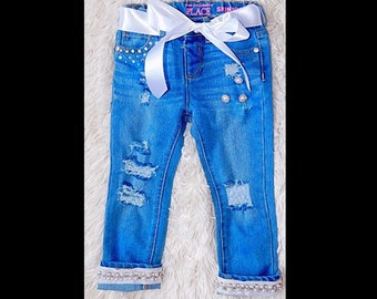 jeans para niña embellecida denim para niña pequeña denim angustiado con bling