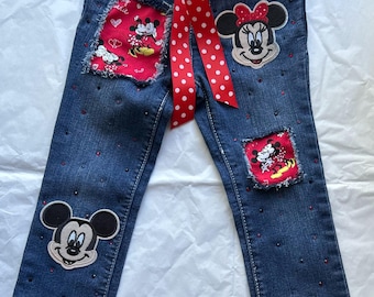 Mickey and Minnie Mouse in Red clothes for girls Mickey Minnie jean or shorts for babies, toddlers and kids.