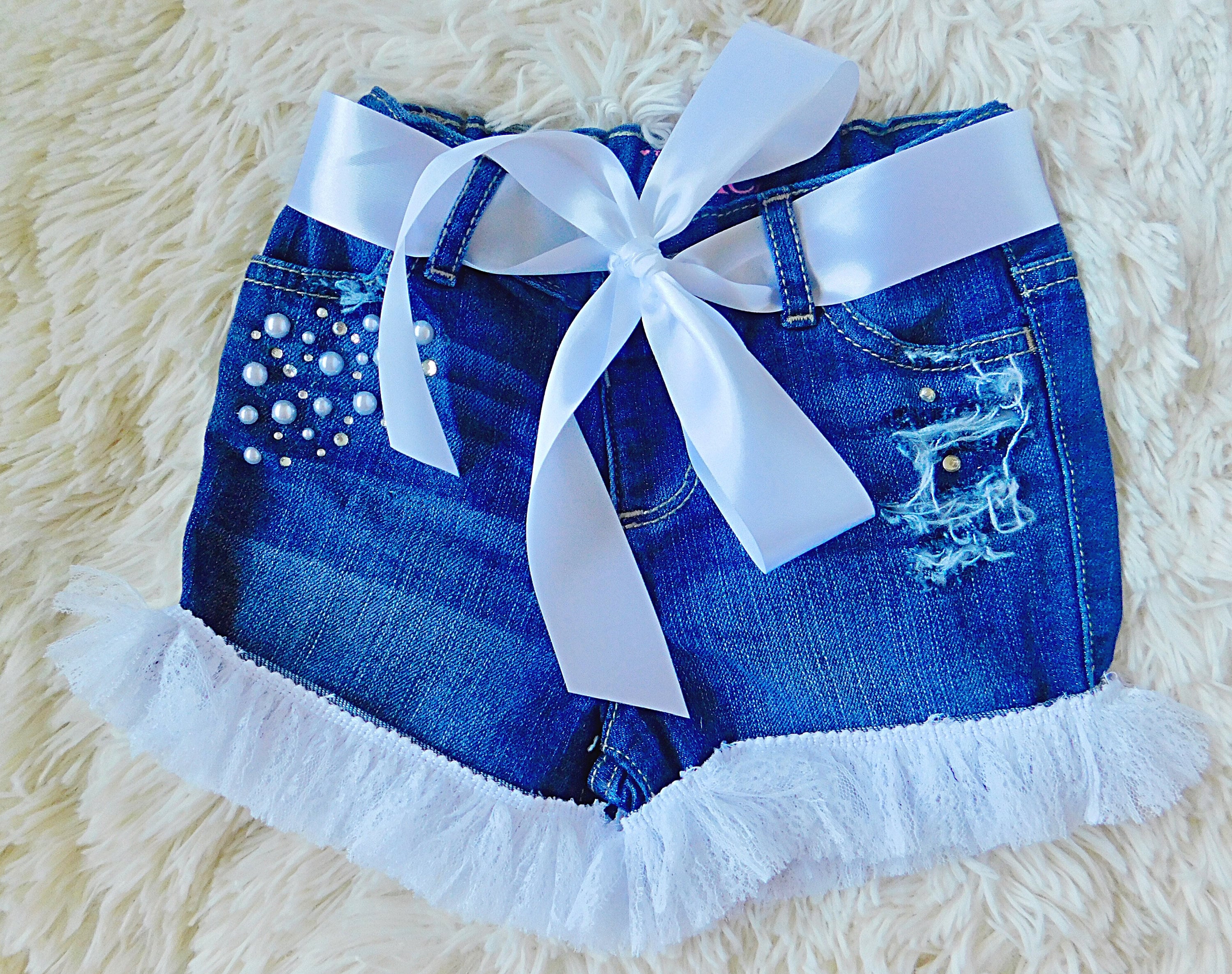 Girls Distressed and Embellished Custom pearl and lace Jeans shorts for Baby Kids