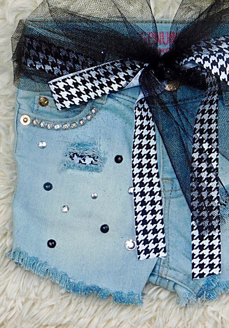 Houndstooth jeans Girls cut off jeans shorts for toddlers distressed denim with patches kids embellished denim shorts baby girl jean shorts