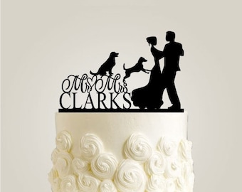 Wedding Cake Topper with two Dogs - Custom Wedding Cake Topper - Rustic Cake Topper with Last Name, Custom Dogs Available in Gold and Silver