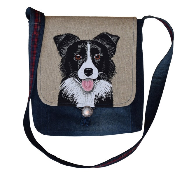 Sac à Bandoulière Border Collie Sac en Jean recyclé avec Rabat  Cadeau pour amoureux de chien