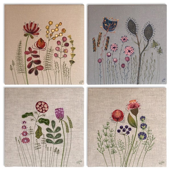 Série de 4 tableaux en Lin Brodé Fleurs Sauvages design moderne botanique