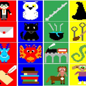 Könnte beinhalten: Ein Raster aus pixeligen Bildern mit Charakteren und Objekten aus einer Fantasy-Serie. Enthält einen Jungen mit Brille, eine Eule, einen Zauberstab, einen Hut, einen Umschlag, eine schwarze Katze, einen Kessel, einen Besen, einen blauen Drachen, einen Phönix, einen Zug, eine Schlange, eine Schriftrolle, Bücher, einen Zentaur und einen Elf.