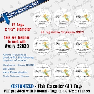 May include: Digital download of customized Fish Extender gift tags. The tags are round, 2.5-inch diameter, and feature a Tinkerbell design with the text "You've been Pixie Dusted!" and customizable fields for family name and sailing dates.