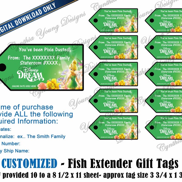 Fish Extender Gift Tags| Customized With YOUR Personal Information| Not an Instant Download | Pixie Dust FE Gift Tags| Digital Download