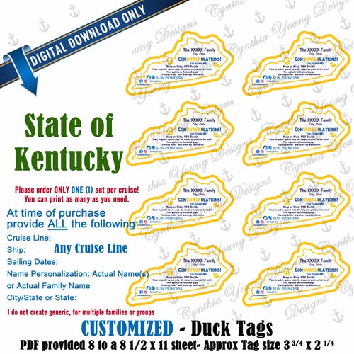 Kentucky Shaped Duck Tags|  Customized With YOUR Personal Info| RCL NCL Princess Celebrity (Any Cruise Line) | Not an Instant Download