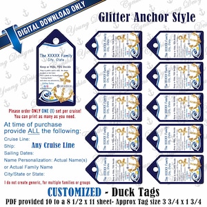Op de afbeelding: Een digitale download van aangepaste duck tags met een marineblauw en goud ankerontwerp. De tags hebben de vorm van een tag met een gouden anker en de tekst "The XXXXX Family, City, State". De geschatte taggrootte is 9,5 x 4,4 cm.