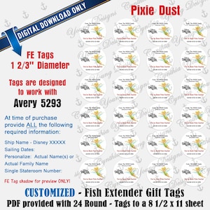 Puede incluir: Una hoja de descarga digital con 24 etiquetas de regalo redondas de 6 cm de diámetro, con una ilustración de hada, el texto Pixie Dust y espacios para nombres de familia y fechas de viaje, diseñadas para imprimir en etiquetas Avery 5293.