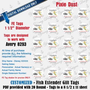 May include: A digital download sheet containing 20 round gift tags with a 1 1/2 inch diameter, designed for Avery 8293 labels. Each tag features a Tinker Bell graphic, the text Disney Destiny, and You've Been Pixie Dusted, with placeholders for family names, stateroom numbers, and sailing dates.