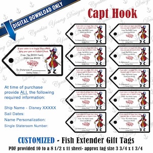 May include: Digital download of customized Fish Extender gift tags. The tags feature a Captain Hook illustration and text fields for personalization. Each tag is approximately 3 3/4 x 1 3/4 inches. The design includes the Disney Fantasy logo.