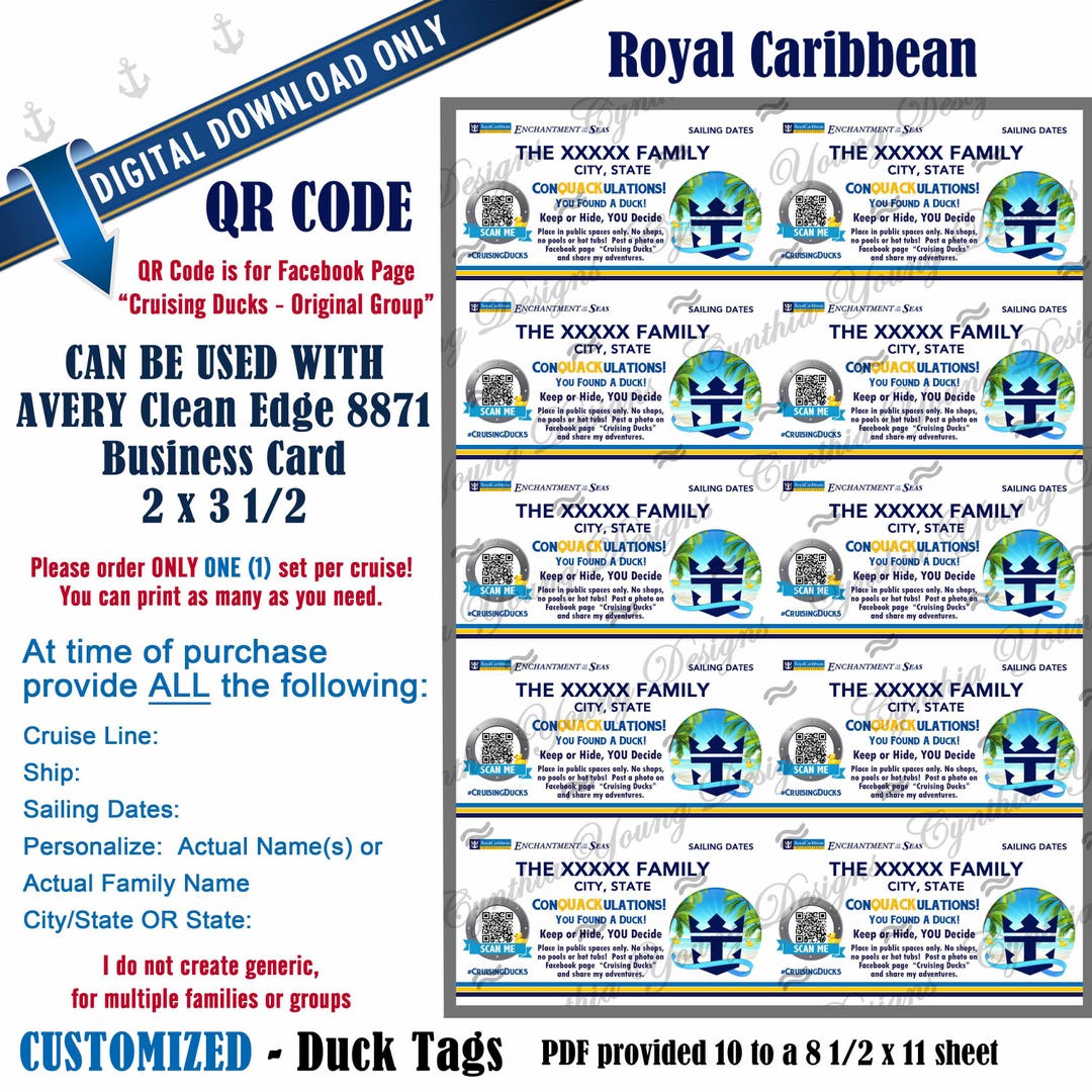 Royal Caribbean Cruise Line Duck Tags With QR Code| Customized With ...