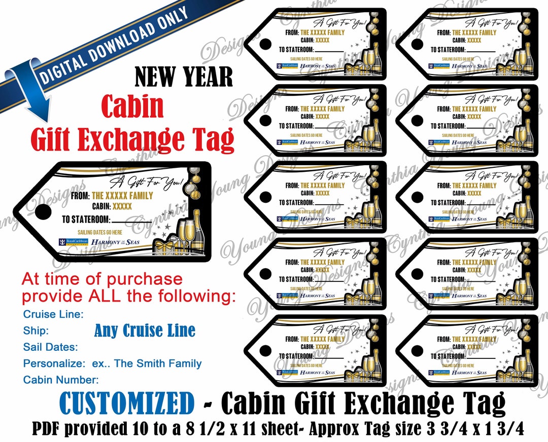 Cabin Gift Exchange Tags New Year Themed Personalized W/your Personal Information ANY Cruise