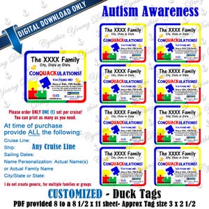 Op de afbeelding: Een digitaal downloadblad met acht rechthoekige Autism Awareness-labels. Elk label bevat de tekst The XXXX Family, City, State or State, CONQUACKULATIONS! en You Found Me! met gele badeendjes en kleurrijke puzzelstukjes als decoratie.