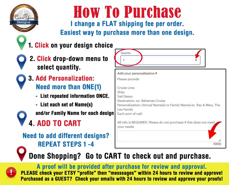 May include: A graphic with instructions on how to purchase items. The text includes steps to select a design, quantity, and add personalization. It also mentions adding items to the cart and checking for proofs.
