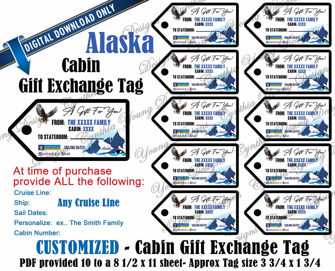 Cabin Gift Exchange Tags Alaska Themed Personalized W/your Personal Information ANY Cruise Line