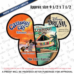 May include: Laminated cardstock featuring a Mickey Mouse-shaped design with travel-themed graphics. The design includes text for "Castaway Cay Bahamas," "Disney Lookout Cay," and "Disney Dream Bahamian Cruise." Approximate size is 9.5 x 7.5 inches.