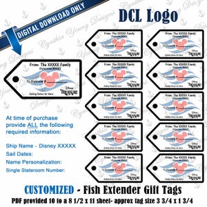 May include: Customized Fish Extender gift tags with a Disney Treasure theme. The tags are black and white with a Mickey Mouse head and text fields for personalization. The digital download includes 10 tags per 8.5 x 11 inch sheet, each approximately 3.75 x 1.75 inches.