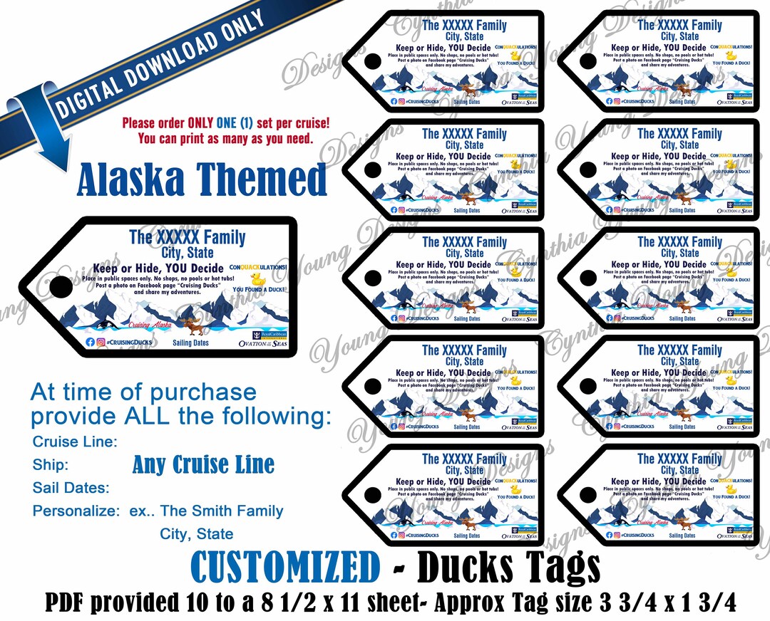 Alaska Duck Tags Customized With YOUR Personal Info RCL NCL Princess