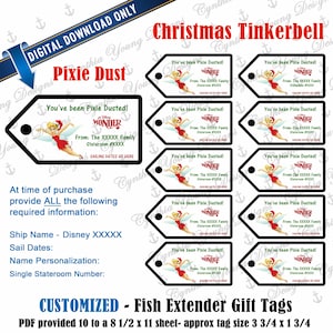 May include: Digital download of customized Fish Extender gift tags. The tags feature a black border and the text "You've been Pixie Dusted!" with a Tinkerbell graphic. The tags are approximately 3 3/4 x 1 3/4 inches.