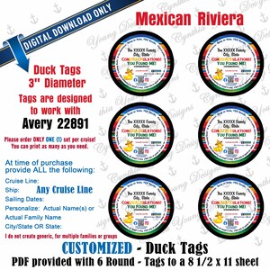 Round Mexican Riviera Themed | 3 Inch Round Duck Tags|  Personalized w/YOUR Info| Not an Instant Download | RCL NCL (Any Cruise Line)