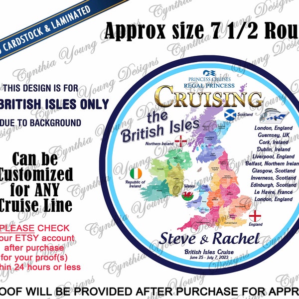 Cruise Door Magnet | Round Stateroom Cruise Door Magnet | British Isles Map Cruise Magnet | British Isles Ports of Call | Any Cruise Line