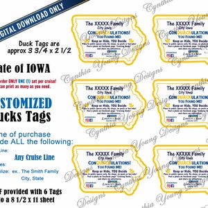 Iowa Shaped Duck Tags|  Customized With YOUR Personal Info| RCL NCL Princess Celebrity (Any Cruise Line) | Not an Instant Download